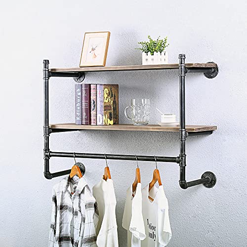 Oldrainbow Industrial Pipe Clothing Rack Wall Mounted With Real Wood Shelf,Pipe Shelving Floating Shelves,36In Retail Garment Rack Display Rack Cloths Rack #TOP4