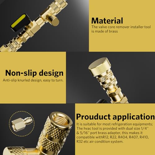 HTOMT Valve Core Remover Installer Tool with Dual Size SAE 1/4 and 5/16 Port Brass Adapter, Schrader Valve Tool for R22 R410a Refrigerant Systems with 20pcs Valve Cores