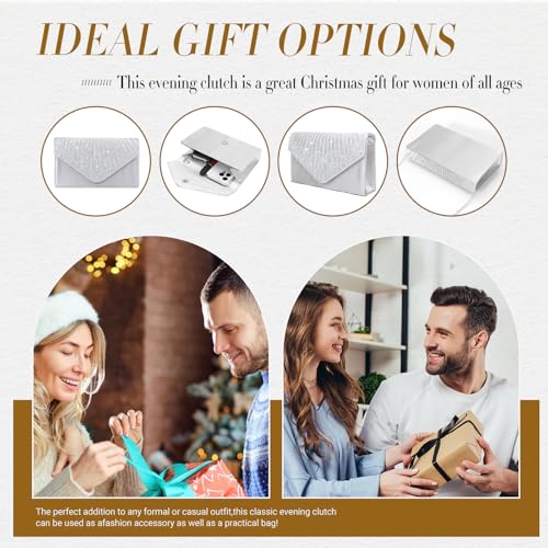 Pardofelis Abendtasche Damen Clutches, Clutch Silber Glitzer Satin, Abendkleid Clutch Bag mit Abnehmbarer Kette Cross Body Bag, Elegante Kristall Diamant Abendtasche für Hochzeit Prom Party