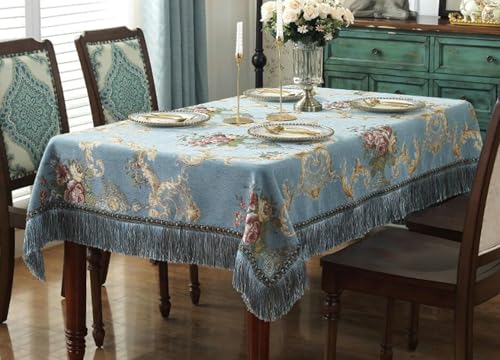 COUIVQA Mantel de poliéster para Mesa de Exterior, con Bordado Floral y borlas, Rectangular, Azul, para Cocina y Picnic (Azul, 200 cm de Largo x 140 cm de Ancho)