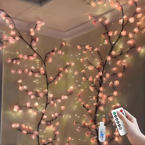 Image of P SEVEN Cherry Blossom LED String Lights, Pink Flower Vine Wall Decor with Remote Control, USB Powered, DIY Indoor Decoration (Cherry Blossom Willow Light)