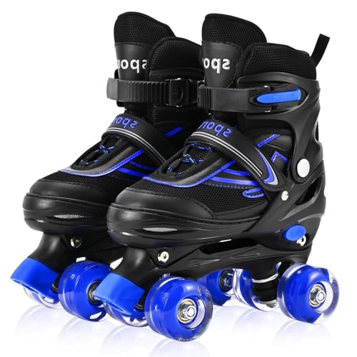 LOKJIJI Kids Roller Skates for Girls Boys Children Beginners Adjustable 4 Sizes Quad Roller Skates for Kids and Youth with Light Up Wheels for Sports Black & Blue (Large - UK 4-7)