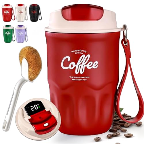 Image of Coffee Vacuum Flask, Portable Coffee Cup with Lid & Handle, Stainless Steel Insulated Water Bottle for Home, Office, and Outdoor Use, Insulated Travel Drinkware, Travel Coffee Mugs (Red,Smart)