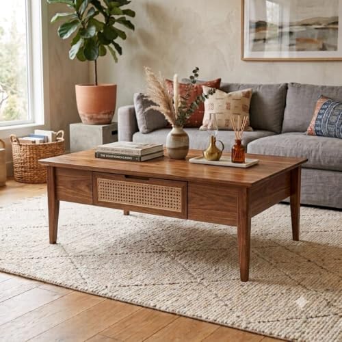 Image of Solid Sheesham Wood Coffee Table & Center Table for Living Room with Rattan Cane Lift-Down Shutter & Open Shelf, Solid Wooden Teapoy for Sofa with Storage | Tea Table (D-Honey)