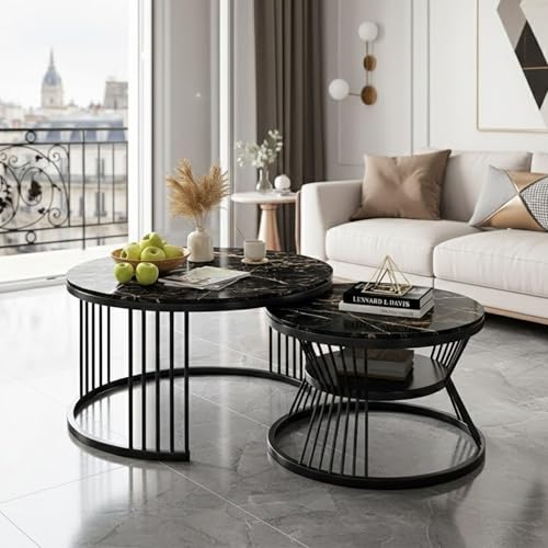 Image of Modern Nested Coffee Table Set of 2 | Round Marble Finish Tabletop with Metal Base | Luxury Center Table for Living Room, Lounge & Office (Full Black)