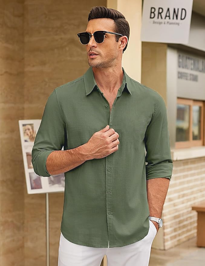 Image of CB-COLEBROOK Men's Long Sleeve Button Down Shirts Casual Cotton Linen Shirts Summer Beach Shirt for Mens Top (Available in Plus Size)