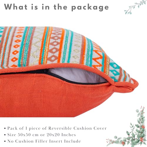 Image of Reversible 20x20 Boho Orange Cotton Woven Pack of 1 Fashion Throw Pillow Covers Cases for Couch Sofa Home Decoration | 50 x 50 cm