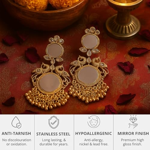 Image of Premium Oxidized Gold Chunky Jhumki Earrings for Women - Heavy Statement Jhumka with Long Chain & Ghungroo Drops | Anti-Tarnish Hypoallergenic Mirror Finish | Bridal, Navratri, Garba, Diwali