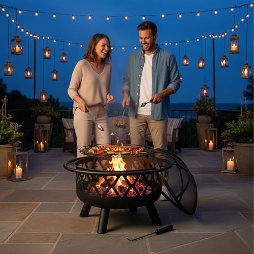 Relaxdays Brasero avec Grillage, avec Protection étincelles & tisonnier, terrasse, D 75 cm, Jardin et terrasse, Noir – Image 3