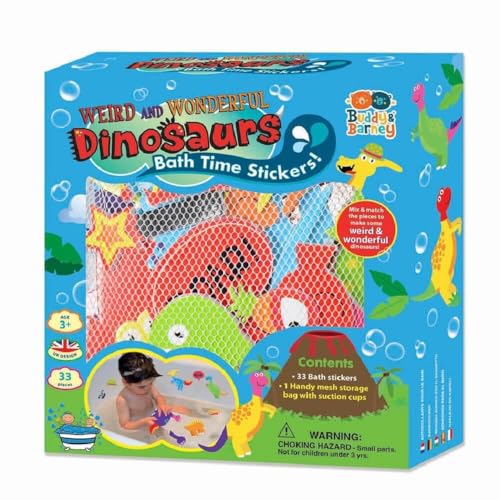 BUDDY & BARNEY Weird & Wonderful Dinosaurs Bath Stickers, Dinosaur Foam Stickers Bath Toy for Children 3+, Pack of 33 Reusable Dino Stickers, Bathtub, Tub, Shower, Boys, Girls, Kids