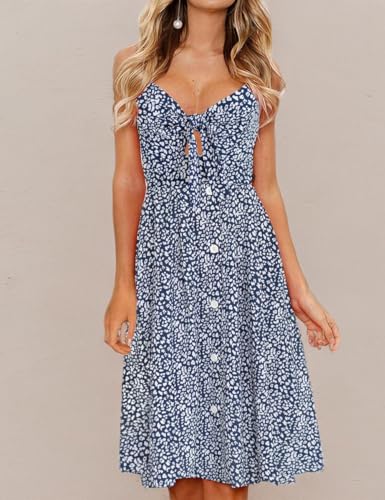 Image of FANCYINN Womens Tie Front Button Down A-Line Dresses Summer Spaghetti Strap Midi Dress Floral Prints