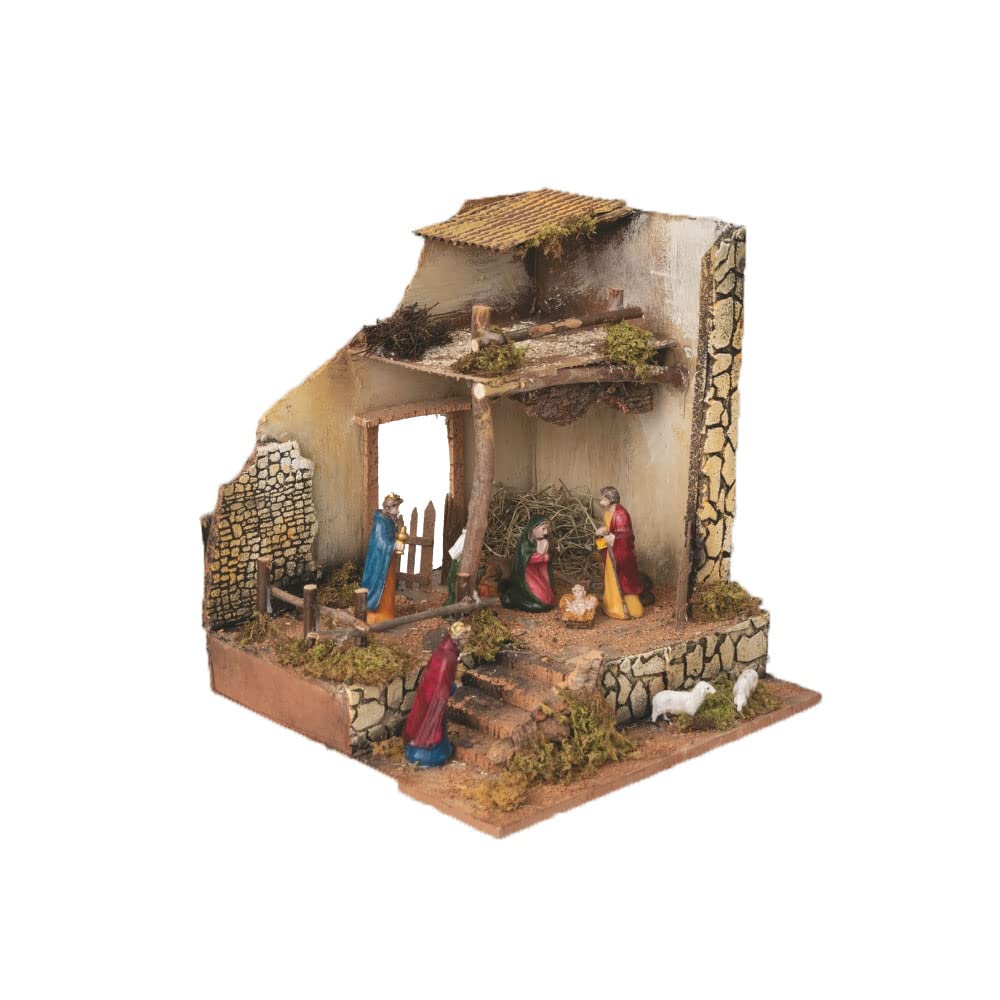 Natività Completa di Presepe 8 pz da h. 10 cm Presepe con Statuine in Resina Classica con 8 soggetti Capanna 33x35x h. 37 cm Giuseppe Maria Gesù Bambino Sacra Famiglia