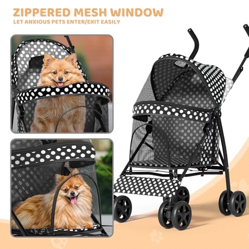 Image of Magshion Compact Fold Pet Travel Stroller for Small Dogs Cats | Up to 22lbs, 4-Wheel Lightweight Umbrella Shaped Design, Safety Tethers, Breathable Mesh, Cup Holder & Rear Storage