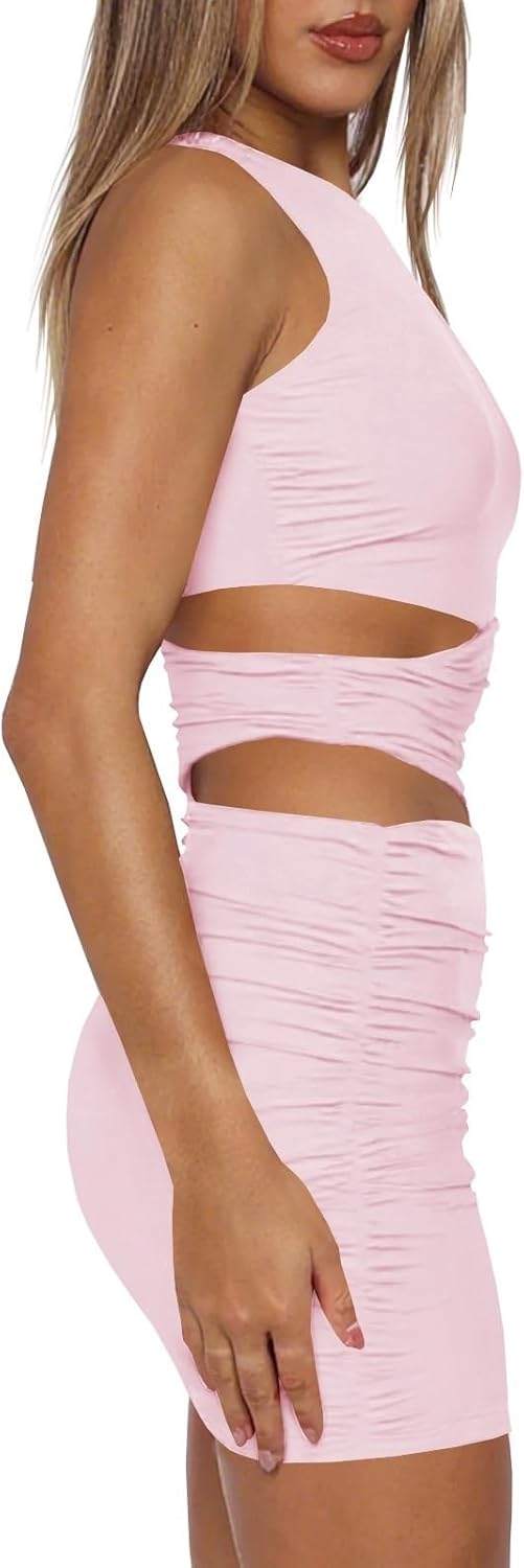 Women's Sexy Bodycon Ruched Sleeveless Cut Out Club Party Short Mini Dresses - Image 4