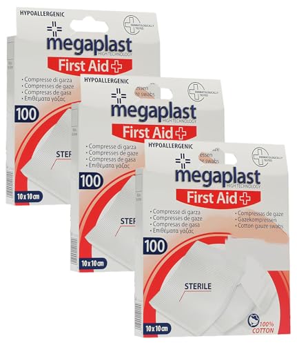 100pz compresse di garza sterile mis. 10x10 cm, idrofila di puro cotone 100% per la medicazione, bianca, per ferite e per disinfettare,ipoallergenico e latex free (Confezione da 3)