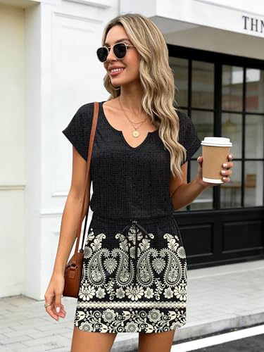 Image of SAUKOLE Women Summer T Shirt Dress Casual Short Sleeve V Neck Dress with Pockets Drawstring Waist Short Dresses