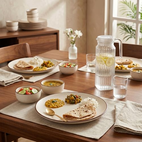 Image of The Earth Store Creme Ceramic Dinner Set, 25 Pieces for 6 with Dinner Plates, Veg Bowls, Spoons & Jug | Microwave & Dishwasher Safe | Bone-Ash Free Dinner Set for Dining Table & Gifting