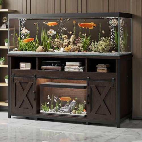 FANCROU 75-120 Gallon Aquarium Stand, Sturdy Aquarium Stand with Power Outlet, Open Compartment, Load-Bearing Capacity 1000 Pounds, Thick Solid Wood Material, Dark Walnut