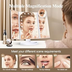 HUONUL Makeup Mirror Vanity Mirror with Lights, 2X, 3X, 10X Magnification, Touch Control, Trifold, White, 9.4"L x 13.4"W, Modern Style, Dresser Mount, Bathroom HUONUL Makeup Mirror Vanity Mirror with Lights 2X 3X 10X Magnification Touch Control Trifold White 94L x 134W Modern Style Dresser Mount Bathroom