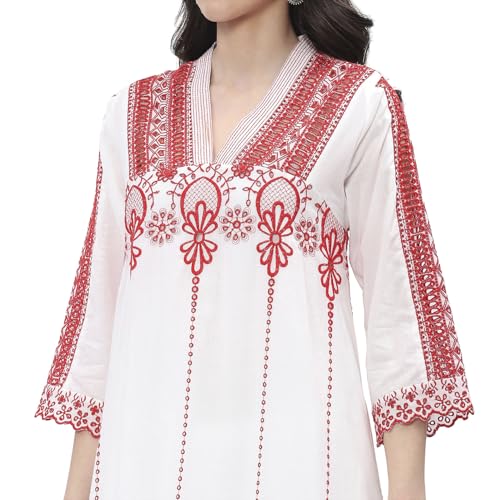 Image of BIBA Women Cotton Asymmetric Embroidered Suit Set