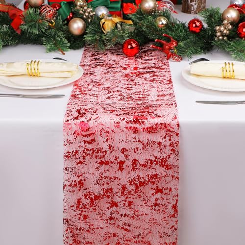 Snowkingdom レッドテーブルランナー スパンコール グリッター ホイルメッシュランナー