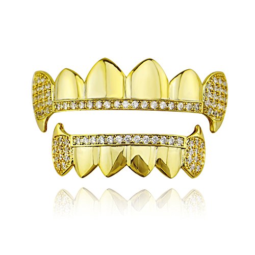 OOCC 18K Gold Plated Hip Hop Teeth Grillz Caps Iced Out CZ Top and Bottom Vampire Fangs Grillz with Diamonds for Your Teeth (Golden)