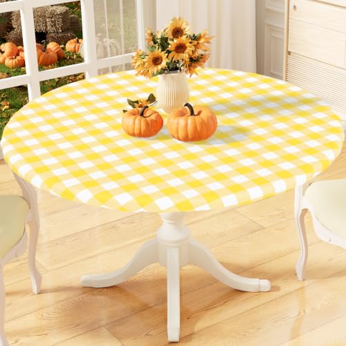 misaya Round Fitted Tablecloth with Elastic Edge, Buffalo Plaid Waterproof Vinyl Flannel Backed Table Cloth Cover Fits 45"-56" Round Tables for Dinner, Outdoor, Picnic, Yellow White Check