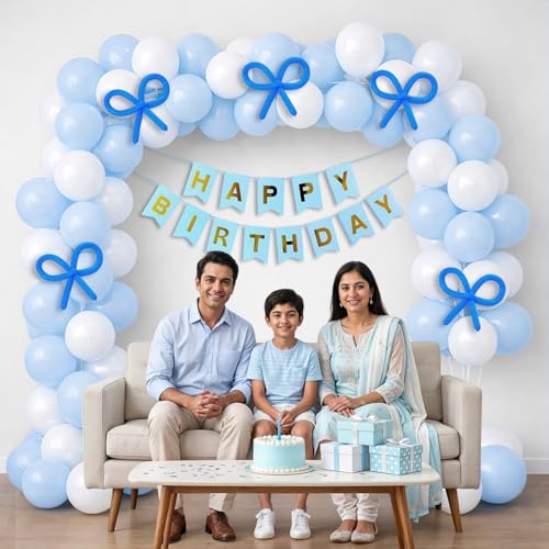 Image of Party Propz Blue & White Birthday Decoration Kit For Kids- 42 Pcs, Happy Birthday Banner, Latex Balloons, Long Blue Balloons & Balloon Arch Roll, Balloon Decoration Kit for Boys & Girls(Cardstock)