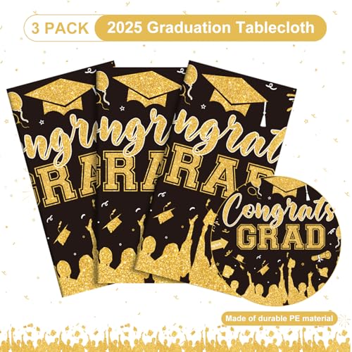 Image of 3 Pack Plastic Graduation Tablecloth, Graduation Decorations Class of 2026 Disposable Rectangle Black and Gold Table Cover, 2026 Gongrats Grad Table Cloths for Graduation Party Decorations, 54x108