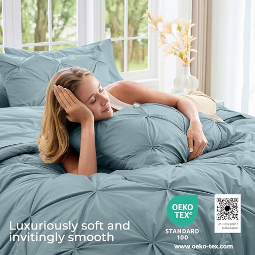 Image of Sasttie Queen Comforter Set, 7-Piece Bed in a Bag, Pintuck Bedding Sets for All Season, Includes Comforter, Flat Sheet, Fitted Sheet, Pillowcases and Pillowshams, Greylish Blue