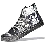 GXZUORUI Skull Shoes for Women Fashion Sneaker Men's Black Hand-Painted Graffiti Shoes Punk Cosplay Hip Hop Teen Boys Girls Student Casual Walking Streetwear (Black, Adult, Women, 7.5, Numeric, US Footwear Size System, Medium)