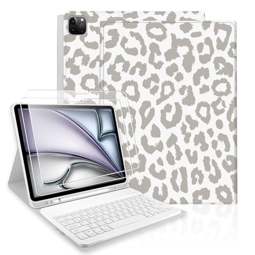 Funda con teclado para iPad Air 13 M2 evite arañazos con cristal 9H y leopardo gris