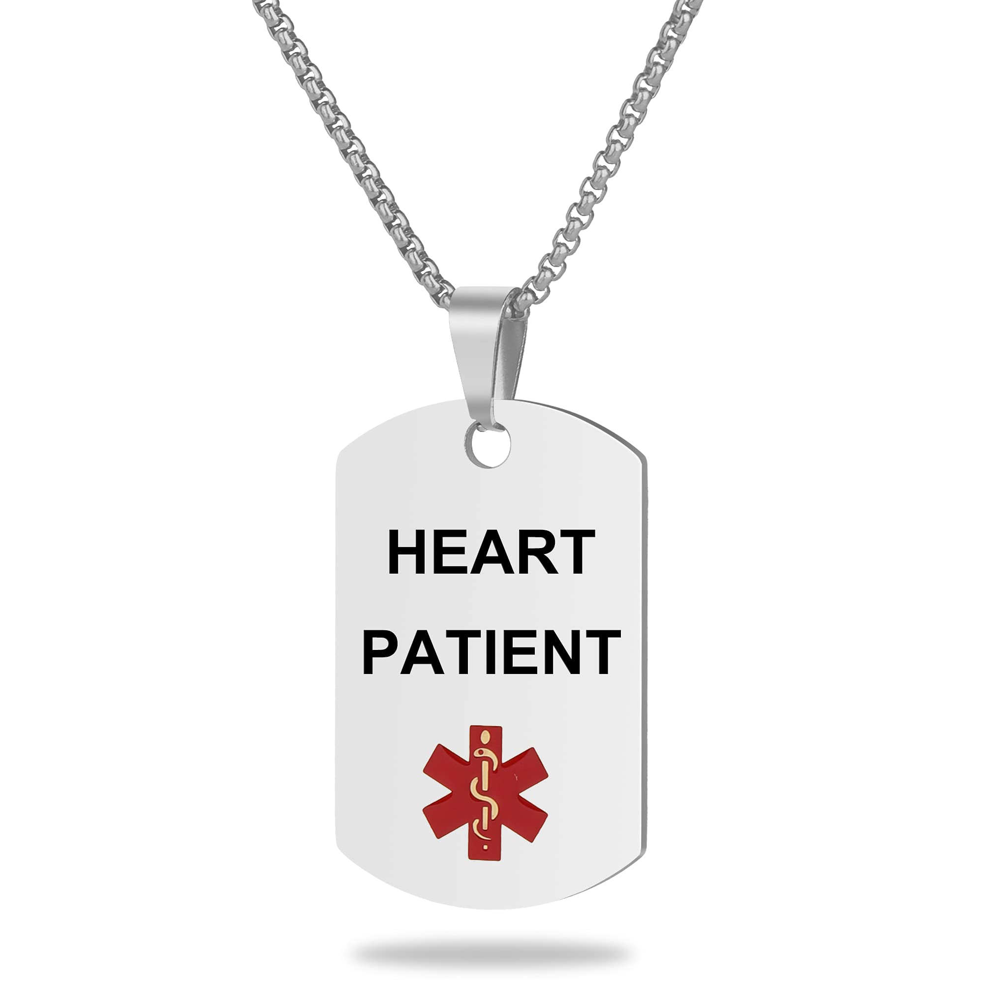 Medical Alert ID Necklace, Laser Engraved Heart Patient, Stainless Steel Tag Pendant with 23.6 inch Chain for Men Women Emergency First Aid