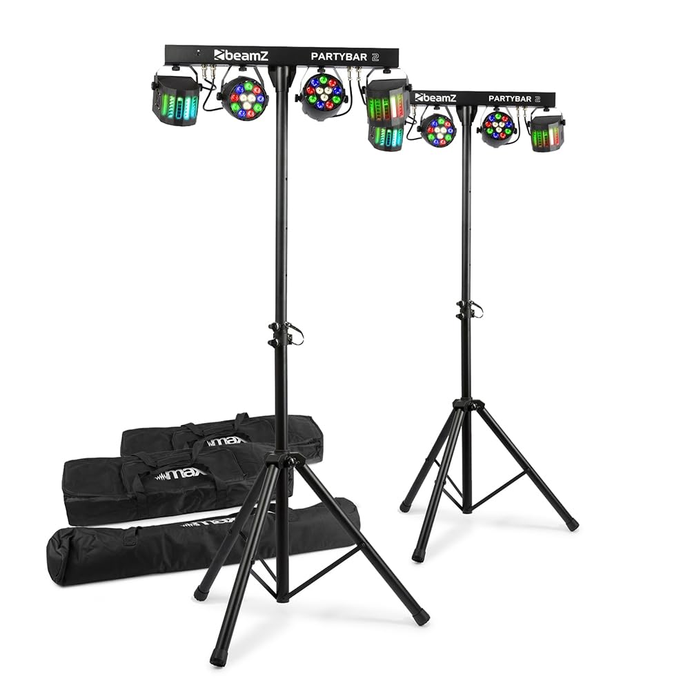 Beamz Black Max Partybar2 Led Disco Party Light Bars With Stands And Cases, Derby & Par Multi Effects Lighting (Pair)