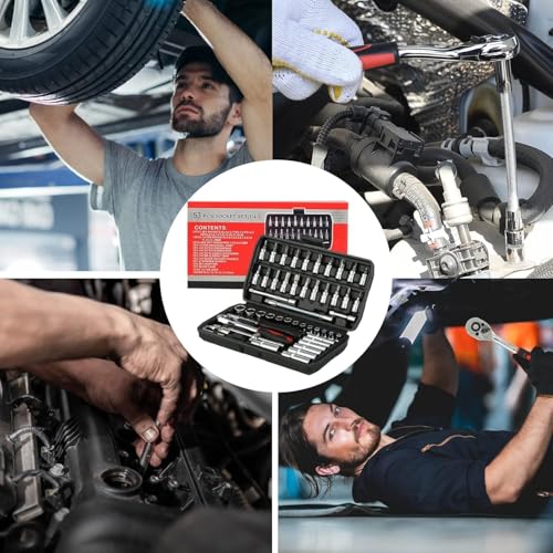 Image of KBZONE Socket Wrench Set, 53PCS 1 /4 Inch Ratcheting Wrench Set And Extension Bar Gimbal Slide Bar Extension Sockets, Set For Automotive Repair And Home Use (Black)
