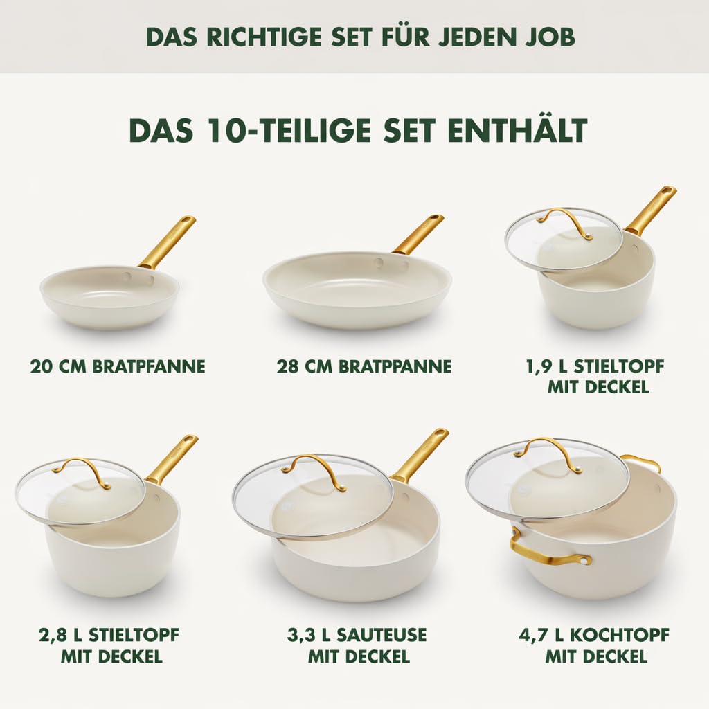 GreenPan Reserve Harteloxierte Gesunde Keramische Antihaft-Kochgeschirre,10-teilig,Mit Bratpfannen,Sautierpfanne und Bratentopf,Goldgriff,PFAS-frei,Induktion,Backofenfest,Spülmaschinenfest,Cremeweiß