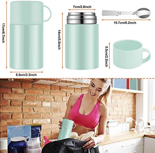 Waflyer Insulated Food Flask, 600ML Leakproof Food Container with Folding Spoon Stainless Steel Keep Hot & Cold Soup Flasks BPA Free Food Jar Coffee Mug for Travel, Picnic, School, Office (Green)
