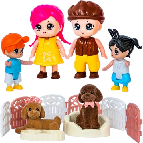 FUNERICA Dollhouse People & Pets – Velvety Furry Puppies, Pet Accessories & Posable Doll House Family Set – Dolls for Dollhouse, Little People Figures, Doll House Accessories and Furniture