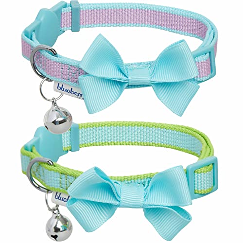 Blueberry Pet Lot de 2 colliers pour chat classiques solides réglables avec clochette et nœud papillon, menthe fraîche, cou 22,9 - 33 cm