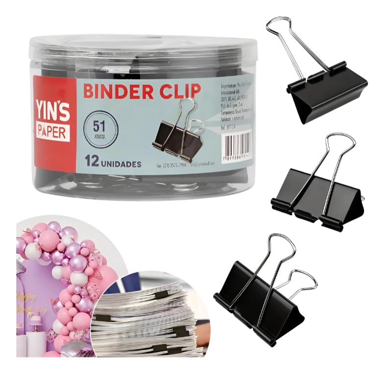 Prendedor de Papel Binder Clip de Metal 51mm Grampo Clips Kit Com 12 Unidades