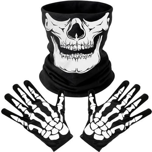 Tatuo Gants Squelette Blanc et Masque de Crâne Os Fantômes pour Soirée Costumée Halloween d’Adulte (1)