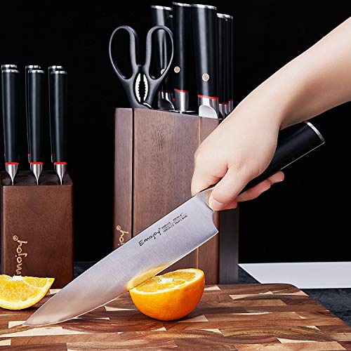 Knife Set, Kitchen Knife Set with Craving Fork and Detachable Wooden Block, 16-Piece German Stainless Steel Kitchen Knives Sharpener and Scissors Block Set, Emojoy