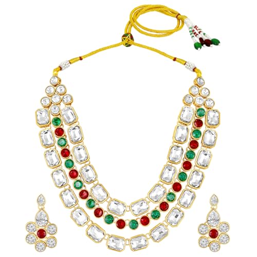 Image of Peora Crystal Studded Gold Plated Layered Long Necklace & Dangle Earring Jewellery Set for Women & Girls