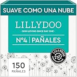 Pañales LILLYDOO delicados con la piel - talla 4 (9+ kg), caja mensual (150 unidades), protección contra fugas, suaves, sin perfumes ni lociones y dermatológicamente probados