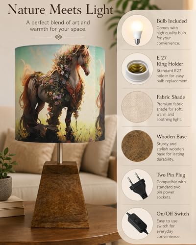 Image of Homesake Wooden Base Pyramid Table Lamp, Lamps for Living Room, Bedside Night Lamp, Lamp for Bedroom Decoration, Modern Home Decorative Light, Desk Lamp,Study Lamp, Home Decor, Floral Horse Shade