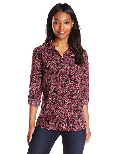 Notations Women's Printed Long Sleeve Rolled To 3/4 Y-Neck Blouse with Pockets
