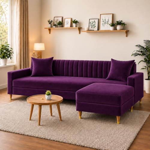 Image of Casaliving Garcia 4 Seater L Shape Convertible Sofa Set for Living Room, 3 Seater & Ottoman Modular Sectional Couch for Small Space (Purple Colour Premium Fabric)