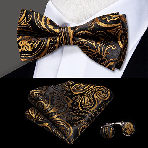 Image of Hi-Tie Black Gold Mens Suspenders Bowtie Set Floral Suspenders Pre-tied Bow Tie Pocket Square Cufflinks Adjustable Y Shape 6 Clips Braces Tuxedo