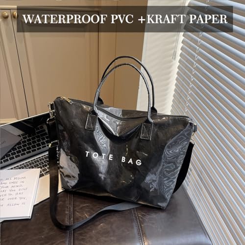 Image of PVC Tote Bag Gifts for Women Large Tote Purse Kraft Paper Letter Print Hobo Handbags for Work Beach Shopping Travel