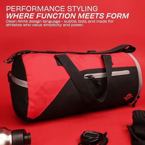 Image of Nivia Fuse Gym Duffle Bag for Men and Women, 25L Lightweight Training and Travel Bag with Shoe Compartment, Quick Access Pockets, and Adjustable Strap, Designed for Athletes, Travel (Black /Red)
